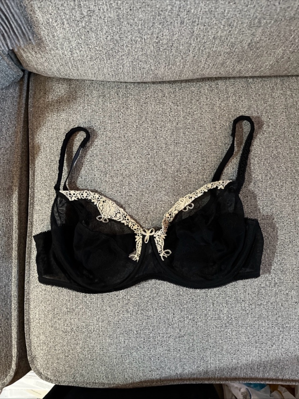 Sheer Black Underwire Bra with Cream Lace Accent